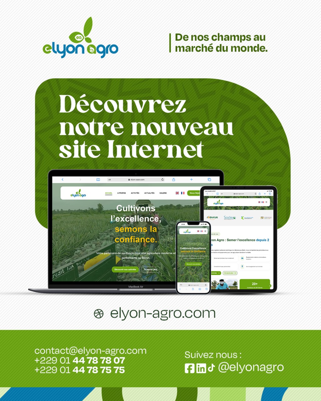Affiche de lancement du nouveau site web Elyon Agro